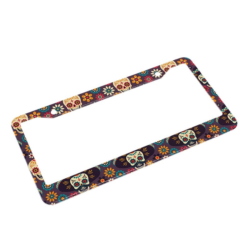Beabes Sugar Skull and Flowers License Plate Frame Dead Skull Novelty License Plate Frame Gothic Pattern License Plate Car Tag Holder Metal License Plate Frame for US Vehicles Standard - Image 4