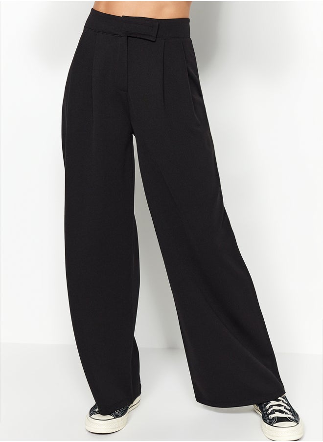 trendyol Black High Waist Pleated Wide Leg Knitted Pants with Velcro Belt TWOAW24PL00177  - Image 3
