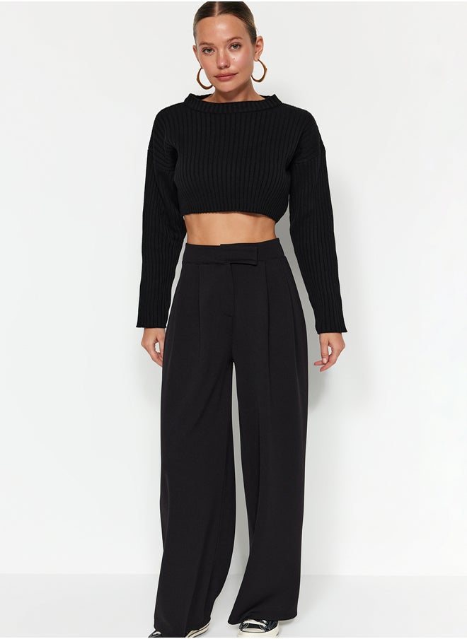 trendyol Black High Waist Pleated Wide Leg Knitted Pants with Velcro Belt TWOAW24PL00177  - Image 1