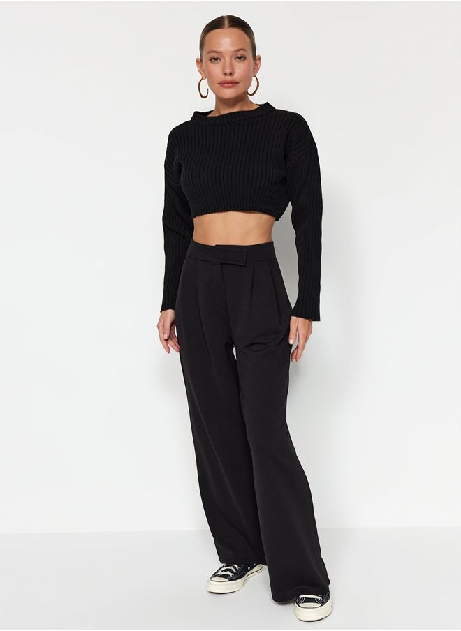 trendyol Black High Waist Pleated Wide Leg Knitted Pants with Velcro Belt TWOAW24PL00177  - Image 5