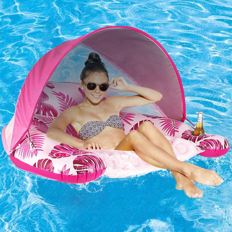 COOLCOOLDEE Pool Float with Canopy, Cup Holder - XL Pool Chair Lounge Float with Adjustable Sun Shade Cover, Drink Holder, Ergonomic Headrest,Inflatable Pool Float for Adults - Image 1