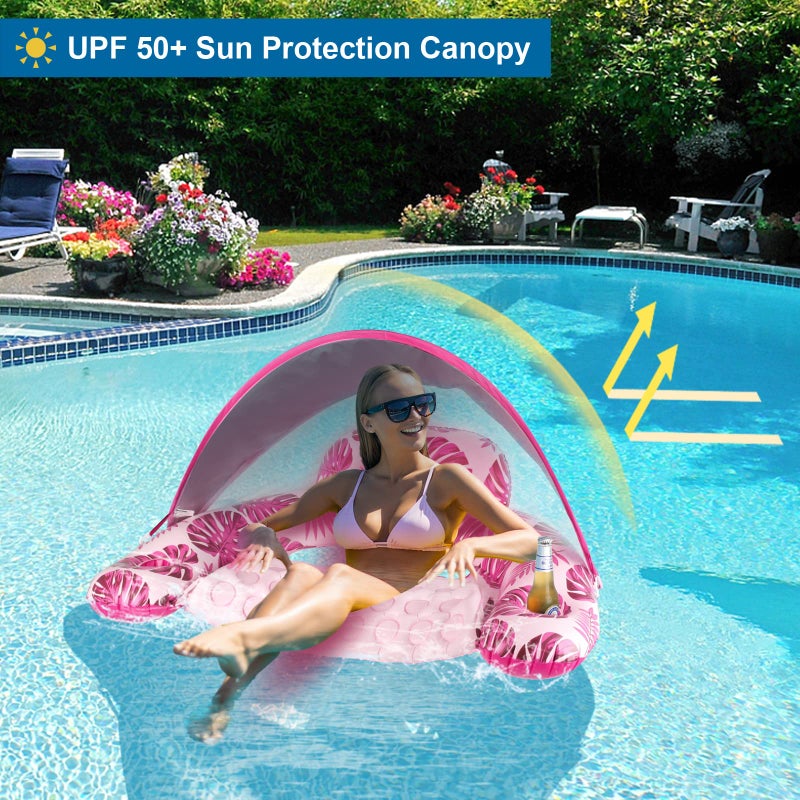 COOLCOOLDEE Pool Float with Canopy, Cup Holder - XL Pool Chair Lounge Float with Adjustable Sun Shade Cover, Drink Holder, Ergonomic Headrest,Inflatable Pool Float for Adults - Image 3