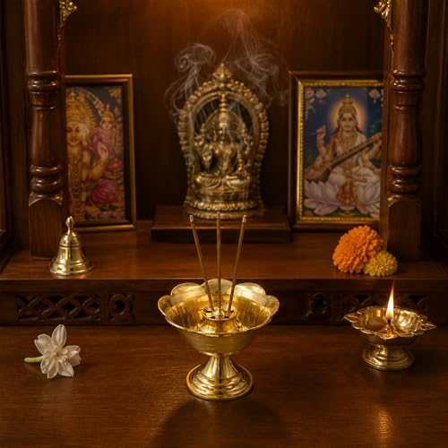 Spillbox Brass Incense Stick Holder Stand | Holder | Burner with Ash Catcher Agarbatti | Batti Stand | Plate | Dhup | Dhoop Best for Puja | Pooja Your Mandir Home & Office Decoration - Rose Agarbatti - Image 2