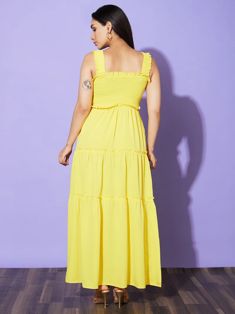 globus Women Yellow Georgette Shoulder Strap Tiered Fit & Flare Dress