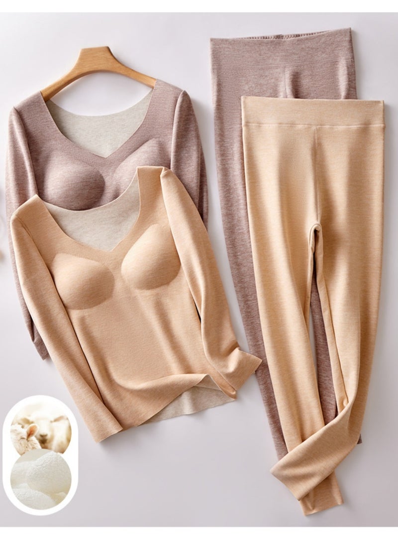 Jorunb Women's Thermal Underwear Includes Chest Pad Long Johns with Lined Base Layer Cold Weather Pajamas Sets for 40kg-55kg (Beige) - Image 4