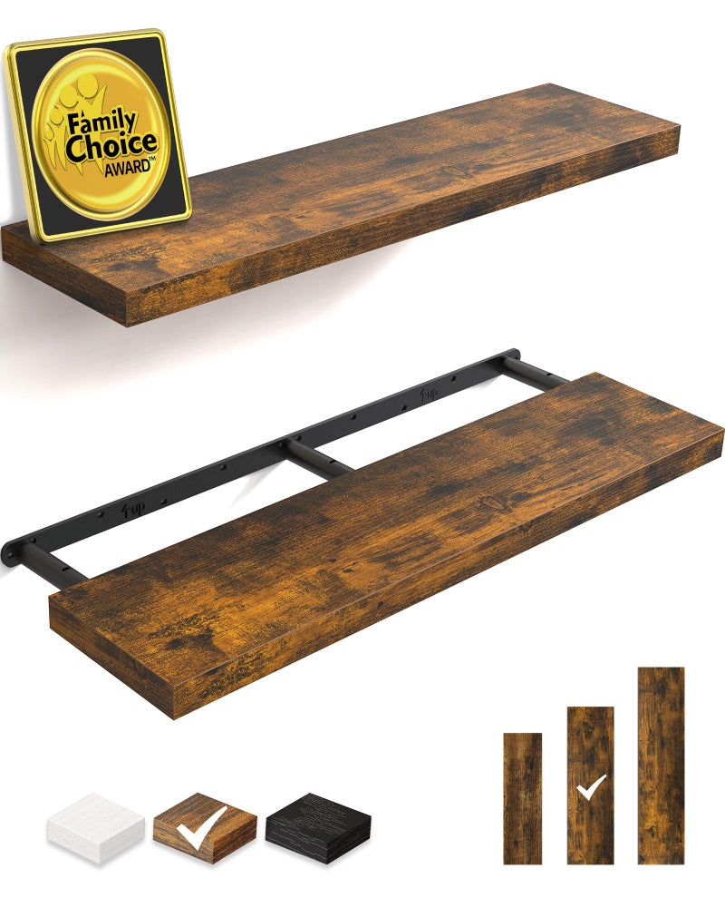 BAYKA Floating Shelves, 36 inches Long Wall Mounted Rustic Wood Shelves for Bathroom, Bedroom, Living Room, Kitchen, Office, Hanging Shelf for Books/Storage/Decor(Rustic Brown,Set of 2) - Image 1