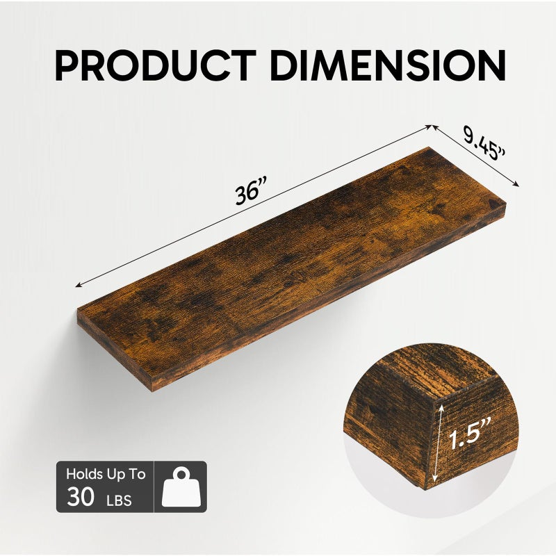 BAYKA Floating Shelves, 36 inches Long Wall Mounted Rustic Wood Shelves for Bathroom, Bedroom, Living Room, Kitchen, Office, Hanging Shelf for Books/Storage/Decor(Rustic Brown,Set of 2) - Image 4
