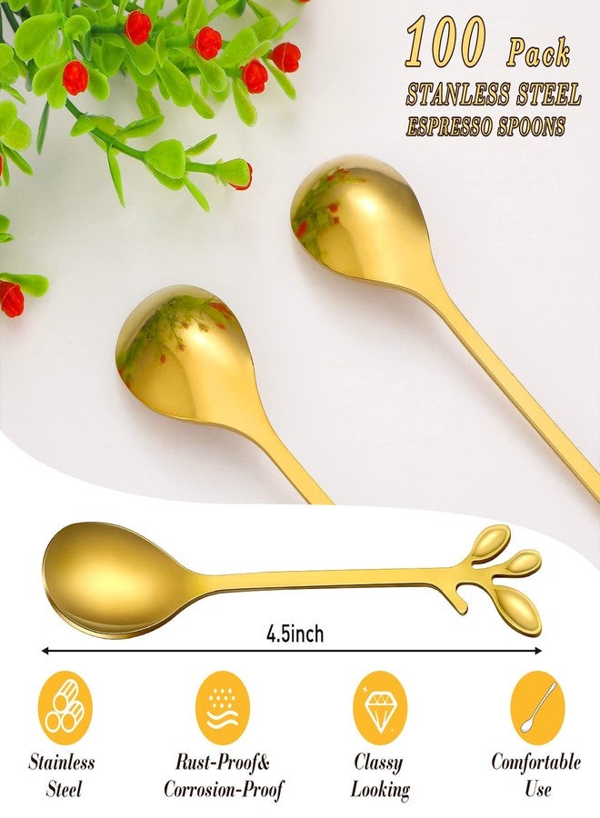 Meanplan 100 Pcs Demitasse Espresso Spoons Stainless Steel Bulk, 4.33'' Small Mini Coffee Tasting Dessert Spoons for Kitchen Dessert, Tea, Appetizer, 1.18'' Wide(Leave,Gold) - Image 2