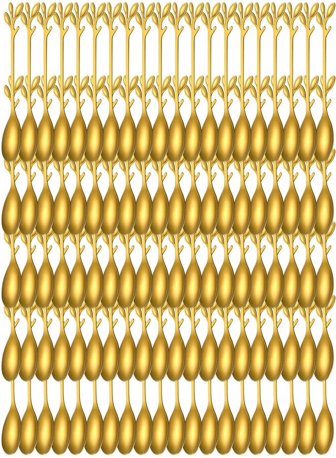Meanplan 100 Pcs Demitasse Espresso Spoons Stainless Steel Bulk, 4.33'' Small Mini Coffee Tasting Dessert Spoons for Kitchen Dessert, Tea, Appetizer, 1.18'' Wide(Leave,Gold) - Image 1