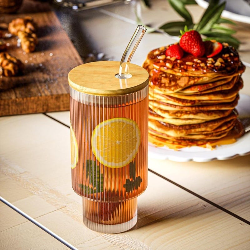 SKDBPM Ice Juice Drinks Glass Can Mug with Straw for Milk/Coffee/Green Tea Cup Set of 1-510ml Transparent Printed Can Shape Cup (Pack of 1) (Wooden LID Ribbed) - Image 1