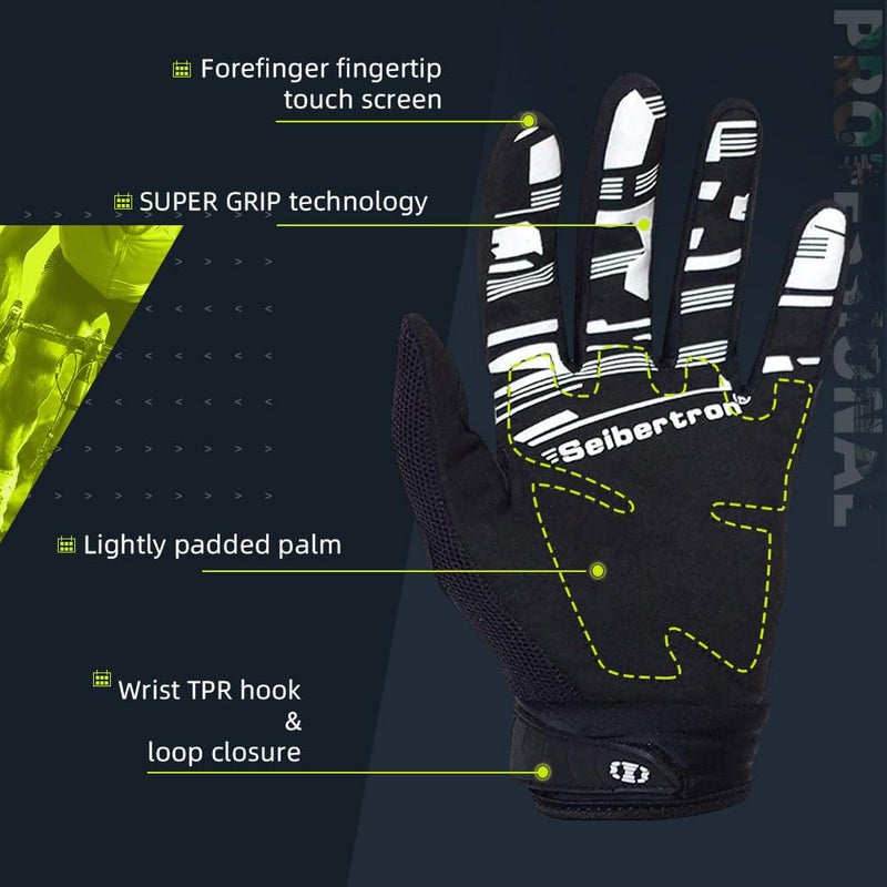 Seibertron Unisex BMX MX ATV MTB Racing Gloves - Touch Recognition Full Finger Glove for Road Racing and Motorcycle Sports Black M - Image 4