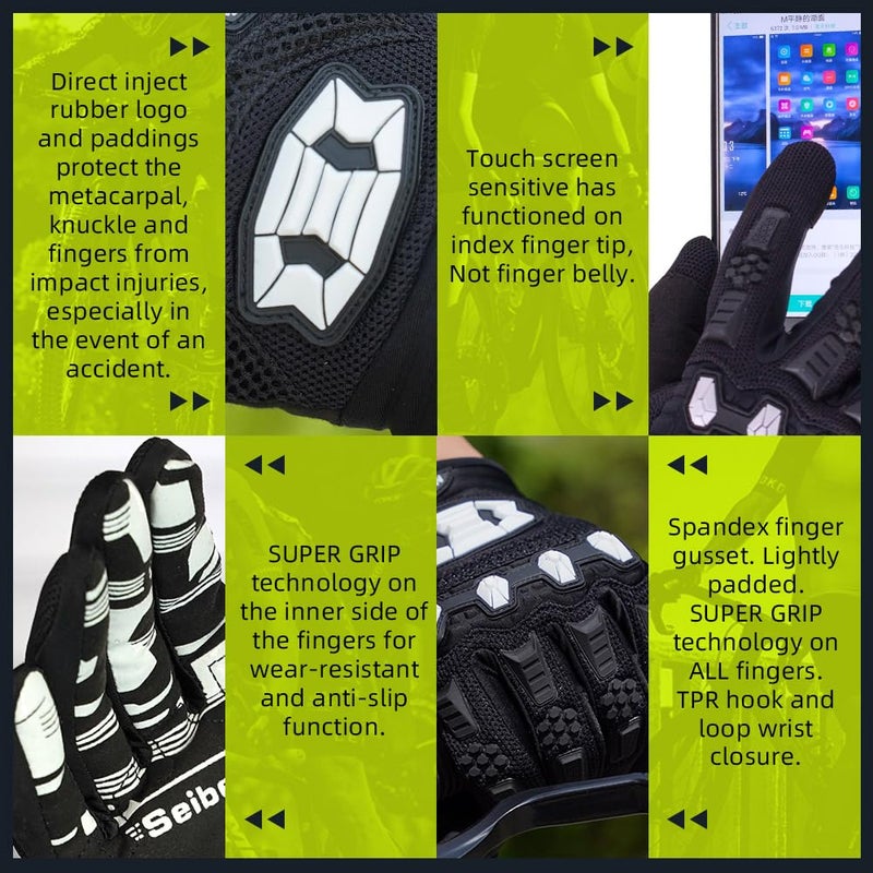 Seibertron Unisex BMX MX ATV MTB Racing Gloves - Touch Recognition Full Finger Glove for Road Racing and Motorcycle Sports Black M - Image 5