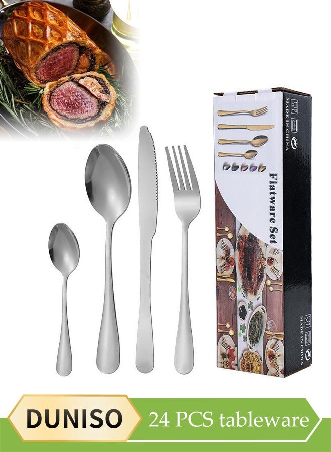طقم أدوات مائدة من الفولاذ المقاوم للصدأ 24 قطعة، طقم أدوات مطبخ على الطراز الغربي، طقم أدوات مائدة مصقول بمرآة، مع سكين، شوكة، ملعقة، مناسب لتناول الطعام العائلي، المطبخ، التجمعات، فضي - Image 1