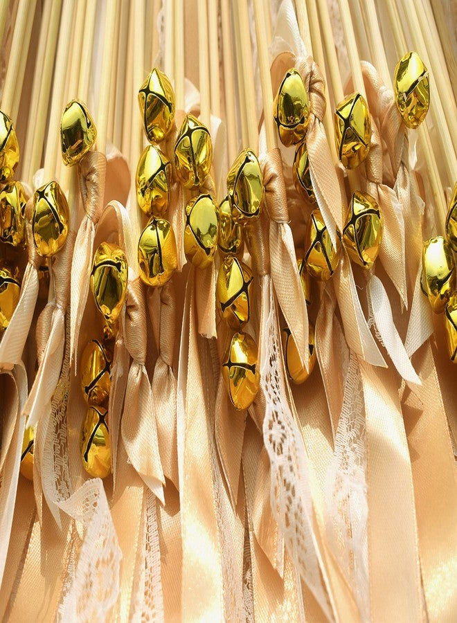 Kingsnow 50 Pack Champagne Lace Ribbon Wands Party Streamers with Bells Silk Fairy Stick Wand Party Favors for Wedding Send off Party Activities Baby Shower Holiday Celebration - Image 4