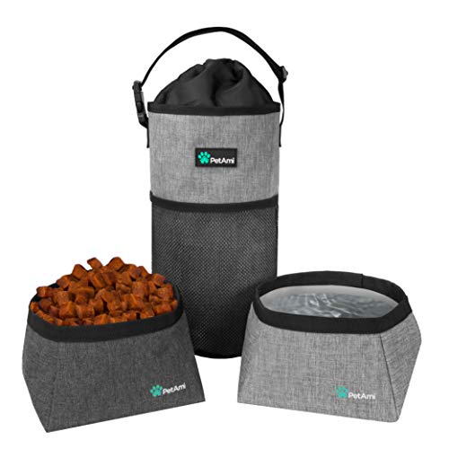 PetAmi Travel Dog Food Bag Pet Collapsible Dog Bowls Set, Dog Kibble Bag, Pet Food Water Bowls for Dogs Cats, Foldable Waterproof Dog Camping Bowls Cup Dish Accessories for Hiking, Heather Gray - Image 1