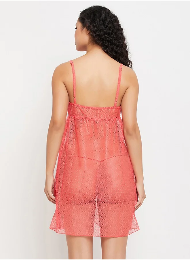كلوفيا Clovia Chic Basic Self-Patterned Sheer Babydoll in Orange with G-string - Lace