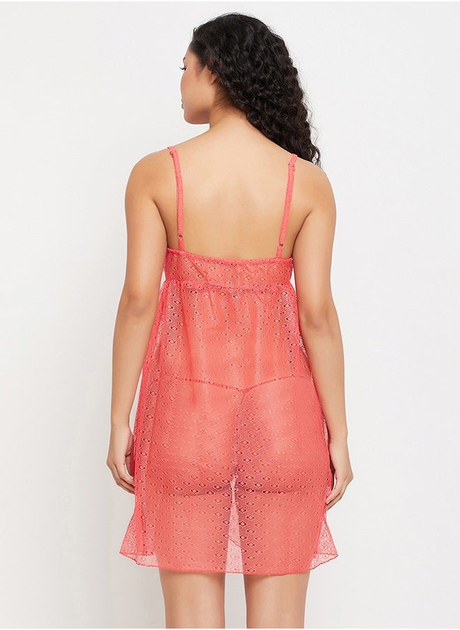 Clovia Chic Basic Self-Patterned Sheer Babydoll in Orange with G-string - Lace