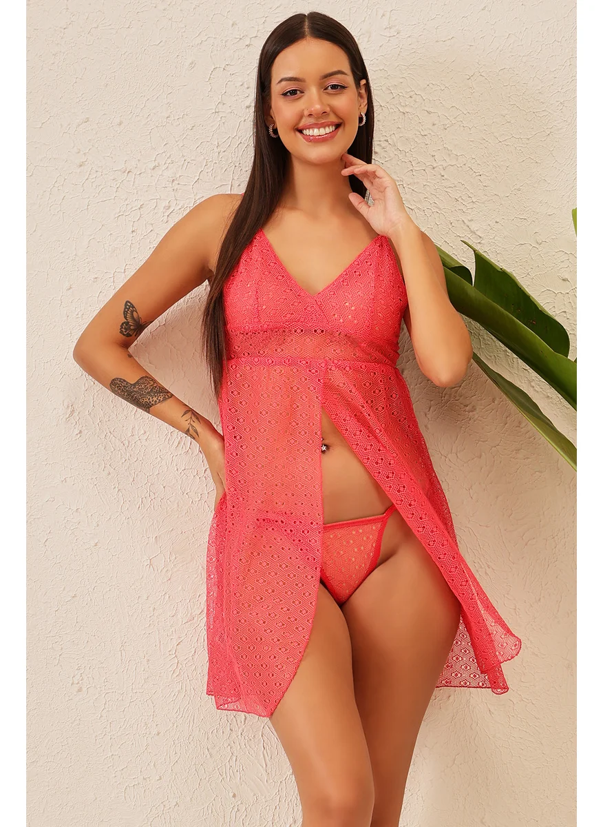 كلوفيا Clovia Chic Basic Self-Patterned Sheer Babydoll in Orange with G-string - Lace