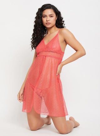 Clovia Chic Basic Self-Patterned Sheer Babydoll in Orange with G-string - Lace - pzsku/ZC1A00F2106D2B5A6833DZ/45/1751963551/075fcc82-fbd9-4cb2-8223-288670038946