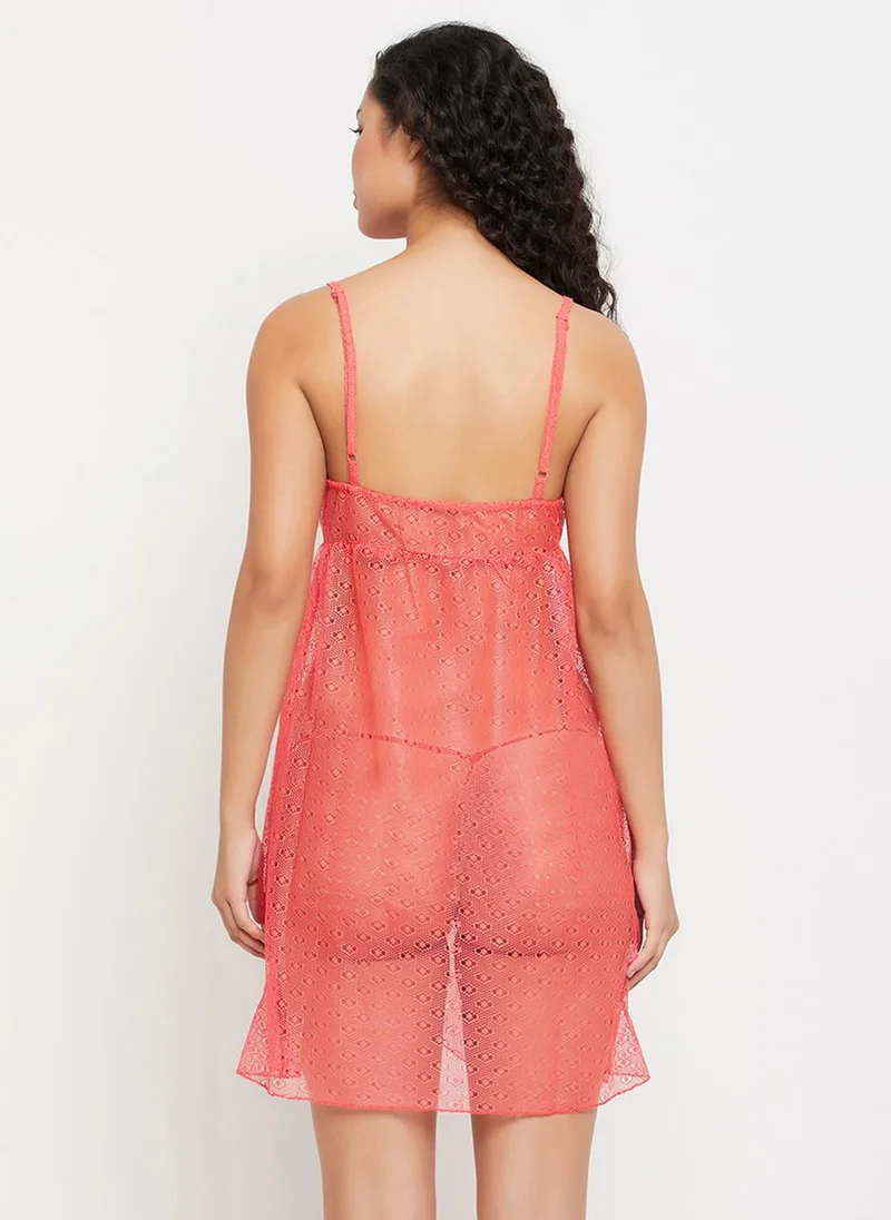 Clovia Clovia Chic Basic Self-Patterned Sheer Babydoll in Orange with G-string - Lace