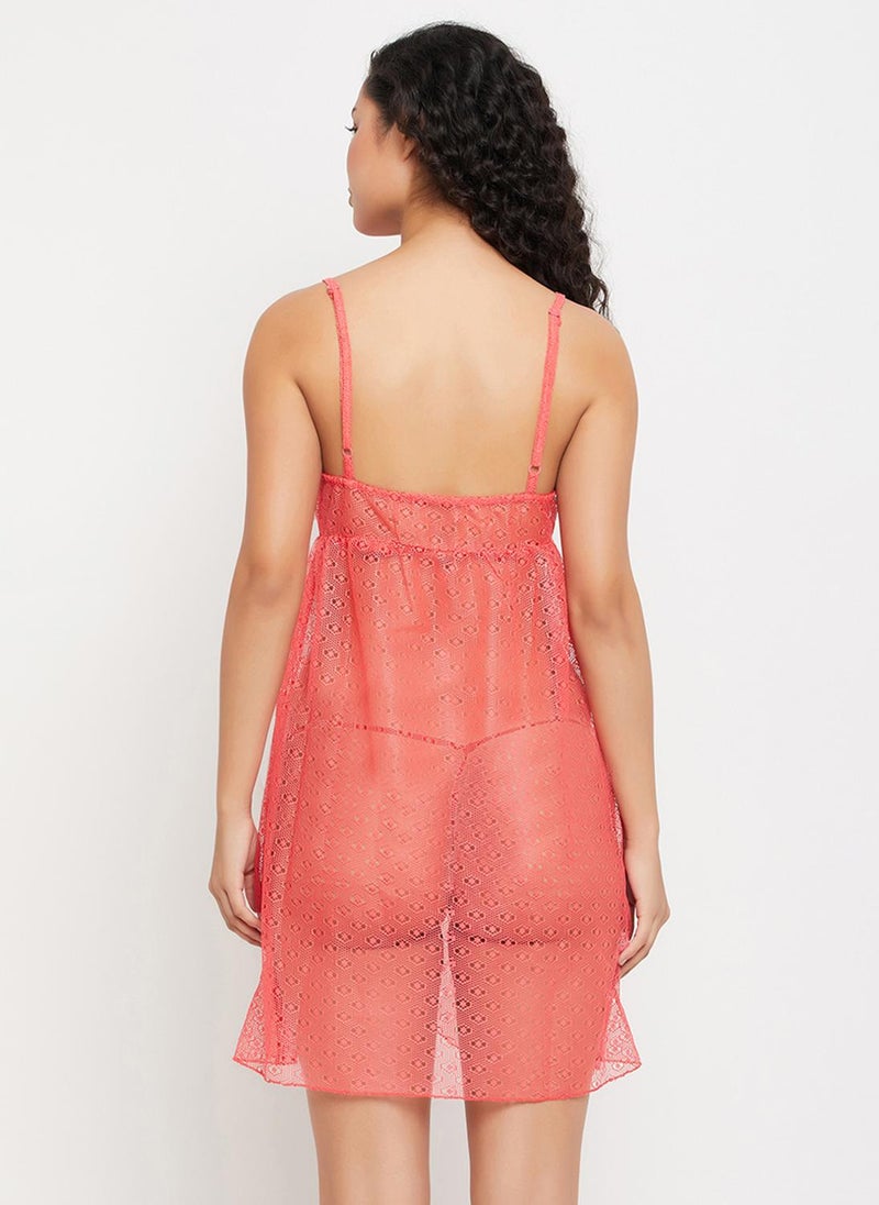 Clovia Chic Basic Self-Patterned Sheer Babydoll in Orange with G-string - Lace