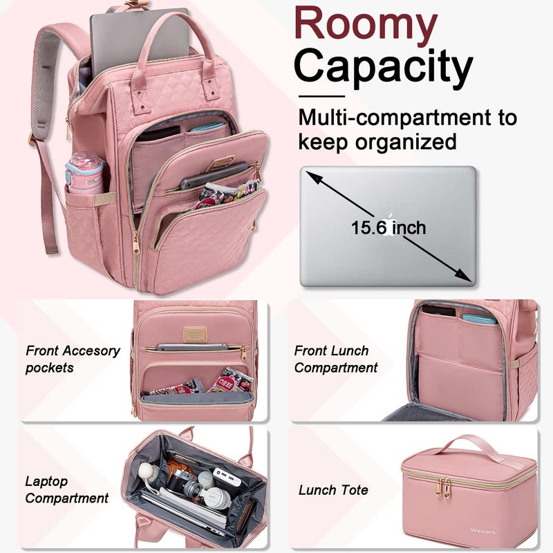 Weitars Lunch Backpack For Women,15.6 Inch Laptop Backpacks For Womens Back pack, Travel Backpacks,Work Backpack For Women (Pink) - Image 2