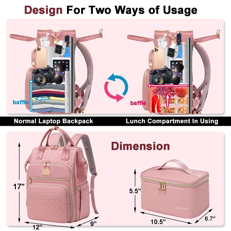 Weitars Lunch Backpack For Women,15.6 Inch Laptop Backpacks For Womens Back pack, Travel Backpacks,Work Backpack For Women (Pink) - Image 4