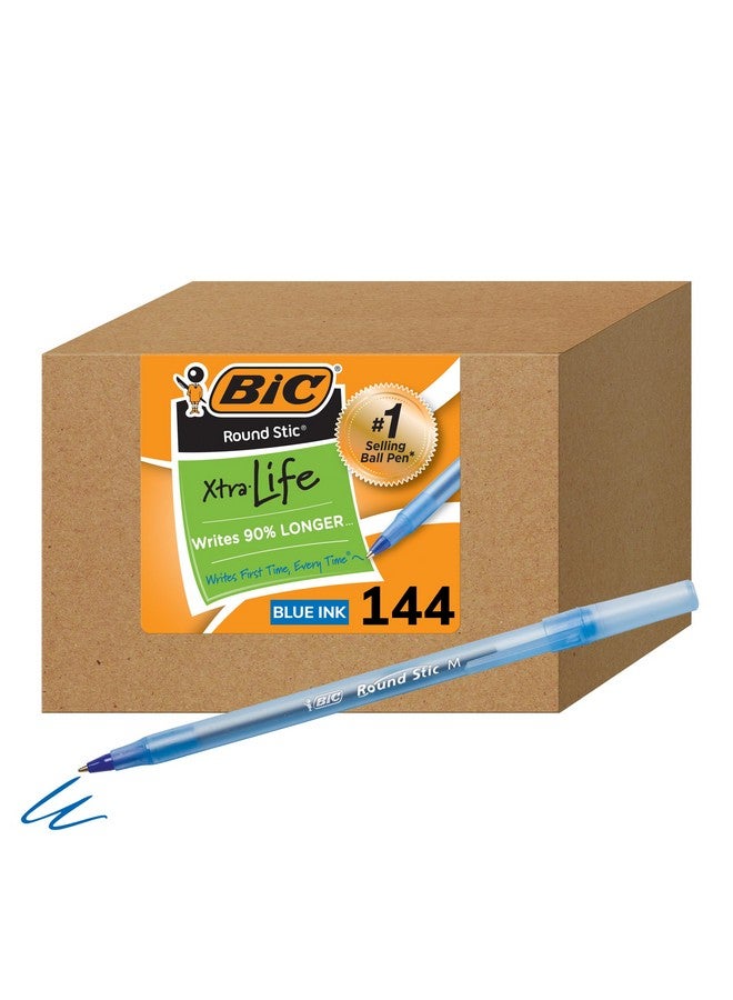 بيك قلم حبر جاف راوند ستيك إكسترا لايف، متوسط الرأس (1.0 مم)، أزرق، 144 قطعة، رائع للكتابة اليومية - Image 1