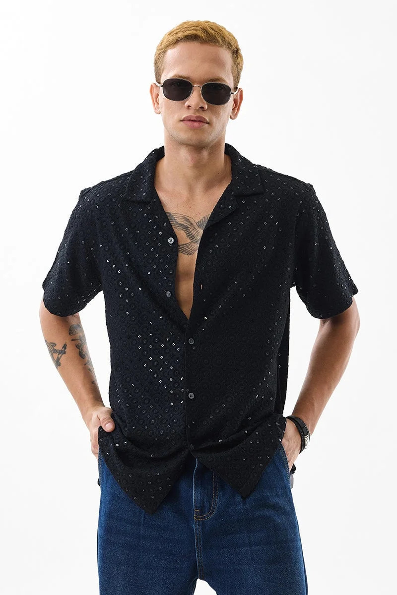 سنيتش Black Embroidered Half Sleeve Boxy Shirt