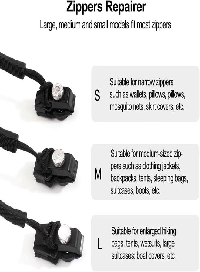 SEMITO Zipper Repair Kit, Instant Zipper Sliders with Nylon Pull Tabs Cords, Replacement Plastic Zipper Pull for Sliding Teeth, Universal Screw Fix Removable Zippers for Bags, Garments (Pack Of 6, Small +Medium + Large) - Image 2