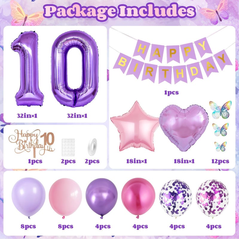 Vibzox 10th Birthday Decorations for Girl,Pink Purple 10th Butterfly Birthday Decorations 10th Birthday Balloons Pink Purple Birthday Banner Number 10 Balloons Cake Topper Butterfly Party Supplies for Girls - Image 2