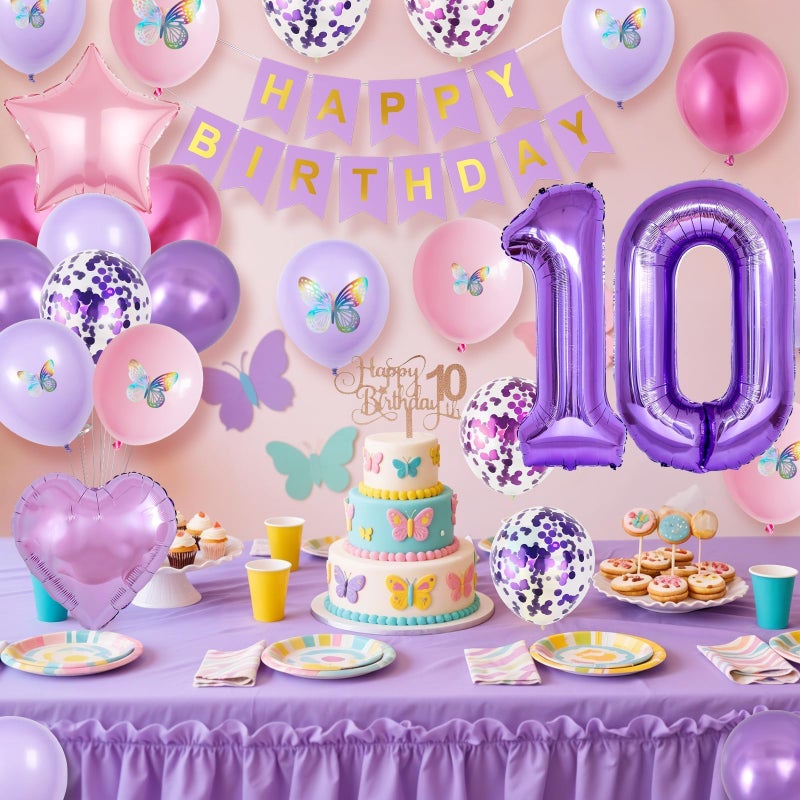 Vibzox 10th Birthday Decorations for Girl,Pink Purple 10th Butterfly Birthday Decorations 10th Birthday Balloons Pink Purple Birthday Banner Number 10 Balloons Cake Topper Butterfly Party Supplies for Girls - Image 3