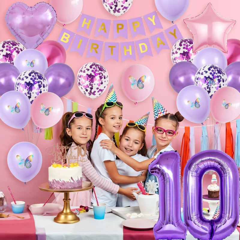 Vibzox 10th Birthday Decorations for Girl,Pink Purple 10th Butterfly Birthday Decorations 10th Birthday Balloons Pink Purple Birthday Banner Number 10 Balloons Cake Topper Butterfly Party Supplies for Girls - Image 4