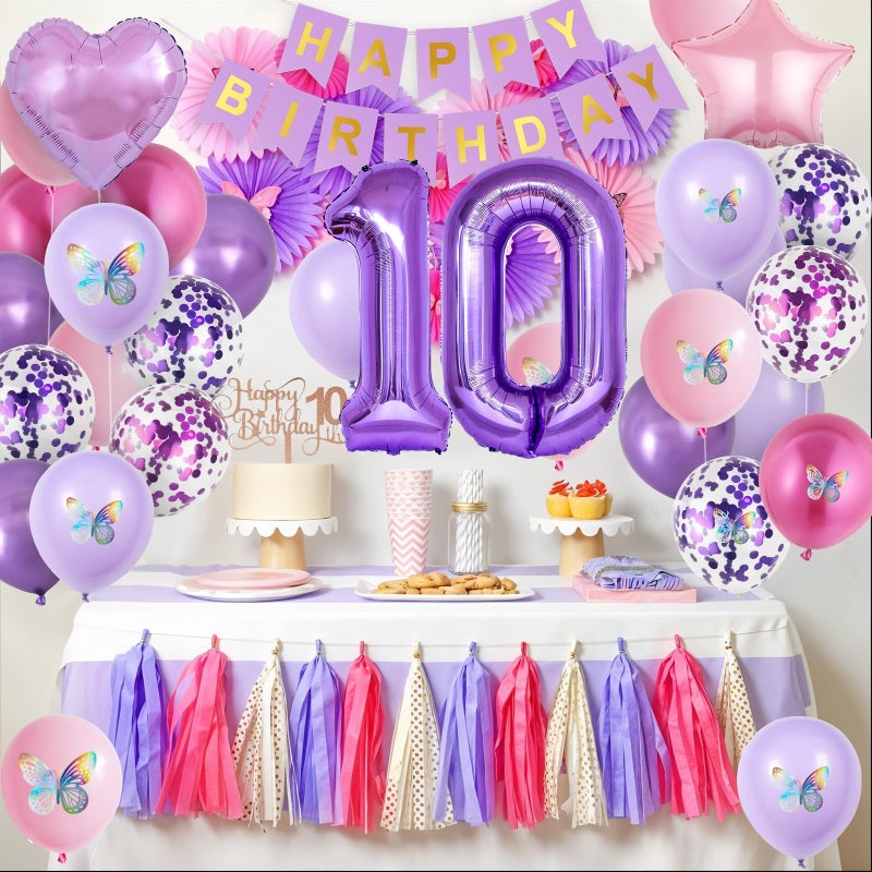 Vibzox 10th Birthday Decorations for Girl,Pink Purple 10th Butterfly Birthday Decorations 10th Birthday Balloons Pink Purple Birthday Banner Number 10 Balloons Cake Topper Butterfly Party Supplies for Girls - Image 5