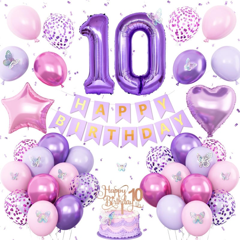 Vibzox 10th Birthday Decorations for Girl,Pink Purple 10th Butterfly Birthday Decorations 10th Birthday Balloons Pink Purple Birthday Banner Number 10 Balloons Cake Topper Butterfly Party Supplies for Girls - Image 1