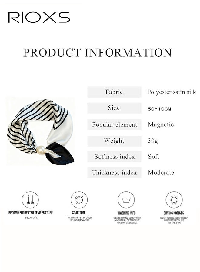 RIOXS Women's Magnetic Pearl Silk Feeling Scarf, Elegant Satin Scarves for Ladies, Classic Vintage Stripped Scarf Neck Tie, Soft Comfortable Hair Bandanas Scarves Fashion Accessories - Image 3