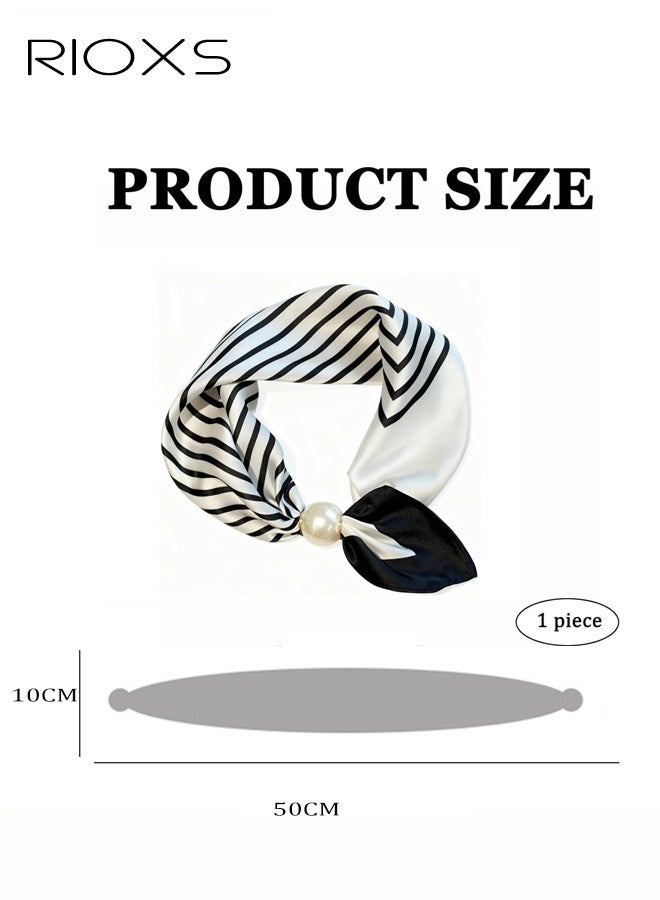 RIOXS Women's Magnetic Pearl Silk Feeling Scarf, Elegant Satin Scarves for Ladies, Classic Vintage Stripped Scarf Neck Tie, Soft Comfortable Hair Bandanas Scarves Fashion Accessories - Image 4