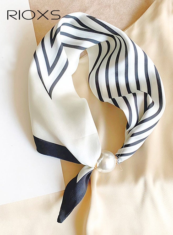 RIOXS Women's Magnetic Pearl Silk Feeling Scarf, Elegant Satin Scarves for Ladies, Classic Vintage Stripped Scarf Neck Tie, Soft Comfortable Hair Bandanas Scarves Fashion Accessories - Image 5