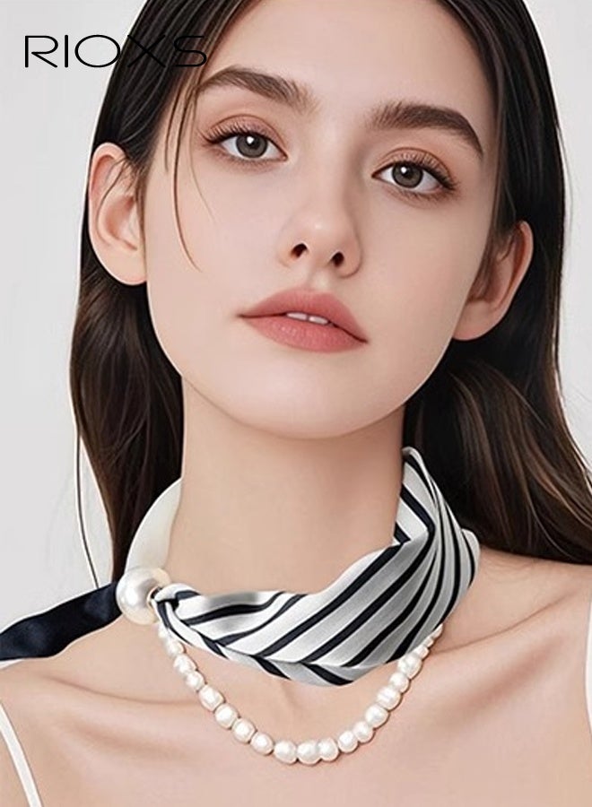 RIOXS Women's Magnetic Pearl Silk Feeling Scarf, Elegant Satin Scarves for Ladies, Classic Vintage Stripped Scarf Neck Tie, Soft Comfortable Hair Bandanas Scarves Fashion Accessories - Image 2