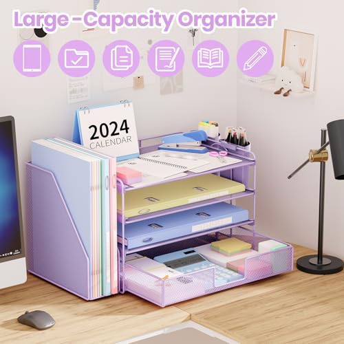 OPNICE Desk Organizer and Accessories, 4-Tier Desktop File Organizer with Drawer and 2 Pen Holders, Office Desk Accessories, File Sorters, Workspace Organizers for Office Supplies(Purple) - Image 3