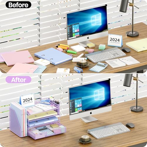 OPNICE Desk Organizer and Accessories, 4-Tier Desktop File Organizer with Drawer and 2 Pen Holders, Office Desk Accessories, File Sorters, Workspace Organizers for Office Supplies(Purple) - Image 2