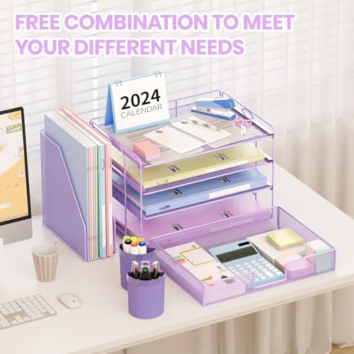 OPNICE Desk Organizer and Accessories, 4-Tier Desktop File Organizer with Drawer and 2 Pen Holders, Office Desk Accessories, File Sorters, Workspace Organizers for Office Supplies(Purple) - Image 5