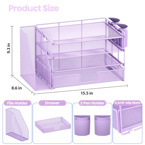 OPNICE Desk Organizer and Accessories, 4-Tier Desktop File Organizer with Drawer and 2 Pen Holders, Office Desk Accessories, File Sorters, Workspace Organizers for Office Supplies(Purple) - Image 4