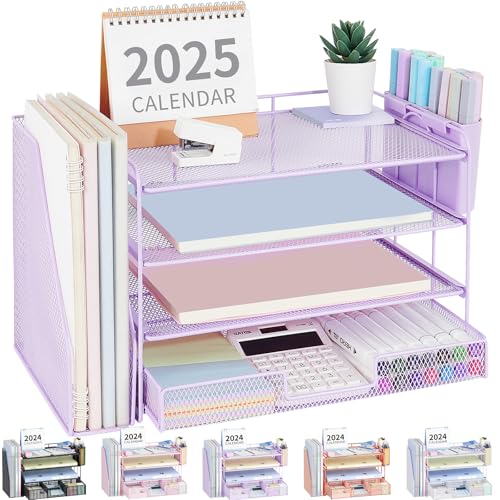 OPNICE Desk Organizer and Accessories, 4-Tier Desktop File Organizer with Drawer and 2 Pen Holders, Office Desk Accessories, File Sorters, Workspace Organizers for Office Supplies(Purple) - Image 1