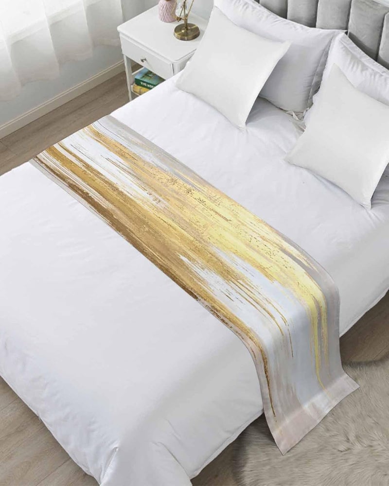 Sabolny Gold Grey Bed Runner Scarf King Size,Abstract Contemporary Square Graffiti Smear Art Luxury Bed Throw Runners & Scarves for Twin Full Queen King Foot of Bed Bedroom Hotel Wedding Decoration,94"x20" - Image 1
