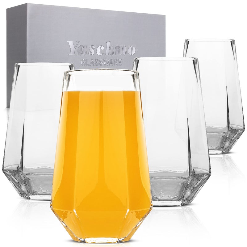 Yaschmo Large Beer Mugs Hexagon Glass 4 Piece Set Drinking Mug Bulk for Beer Soda Ice Coffee Smoothies Cocktails