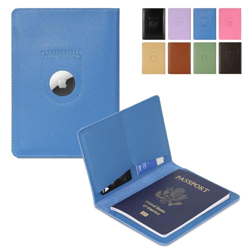 Kicoroiny Full Grain Leather AirTag Passport Holder Wallet Cover for Men and Women Travel, Passport Holder with AirTag Slot Passport Wallet, Travel Essentials Genuine Leather Passport Cover Gifts (Blue) - Image 1