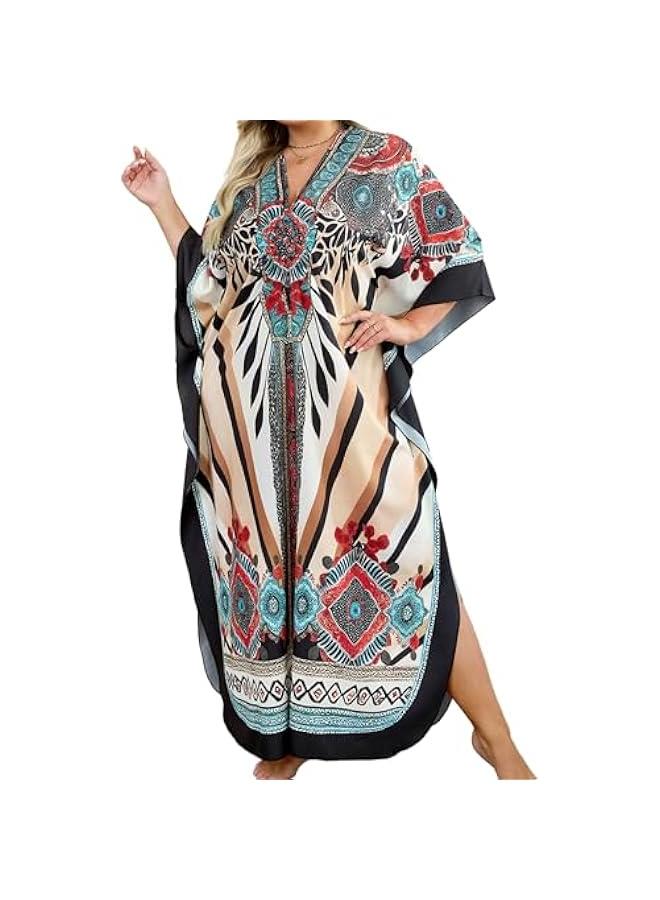 عربست يانزدلو فساتين قفطان بمقاس كبير بقبة V للنساء، ملابس سباحة مصبوغة بالربط واكمام جناح الخفاش فستان مومو قفطان - Image 1