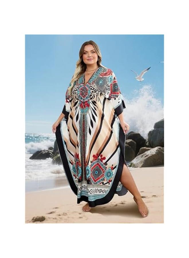 عربست يانزدلو فساتين قفطان بمقاس كبير بقبة V للنساء، ملابس سباحة مصبوغة بالربط واكمام جناح الخفاش فستان مومو قفطان - Image 5