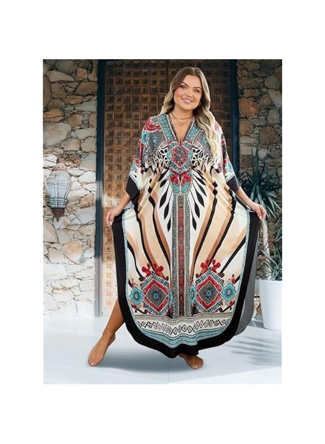 عربست يانزدلو فساتين قفطان بمقاس كبير بقبة V للنساء، ملابس سباحة مصبوغة بالربط واكمام جناح الخفاش فستان مومو قفطان - Image 2